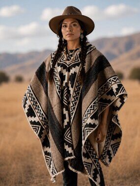 Handwoven Unisex Native American Hooded Wool Poncho - 100% Wool Pullover Coat